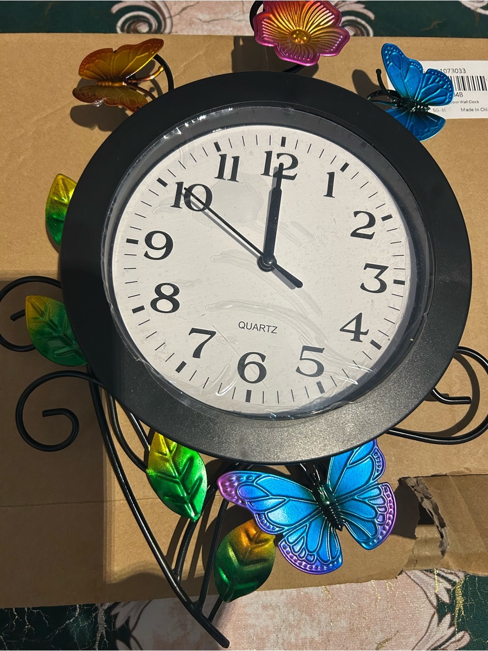 Metal butterfly outdoor wall clock Black Round with Multicolor Butterfly Accents